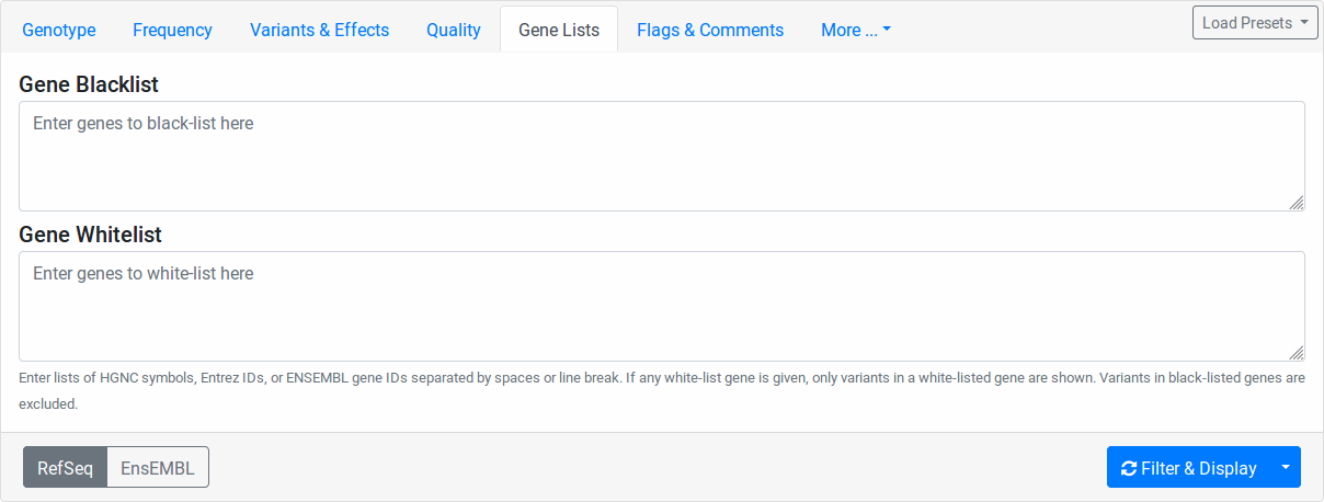 The Gene Lists form tab on the Variant Filtration form.